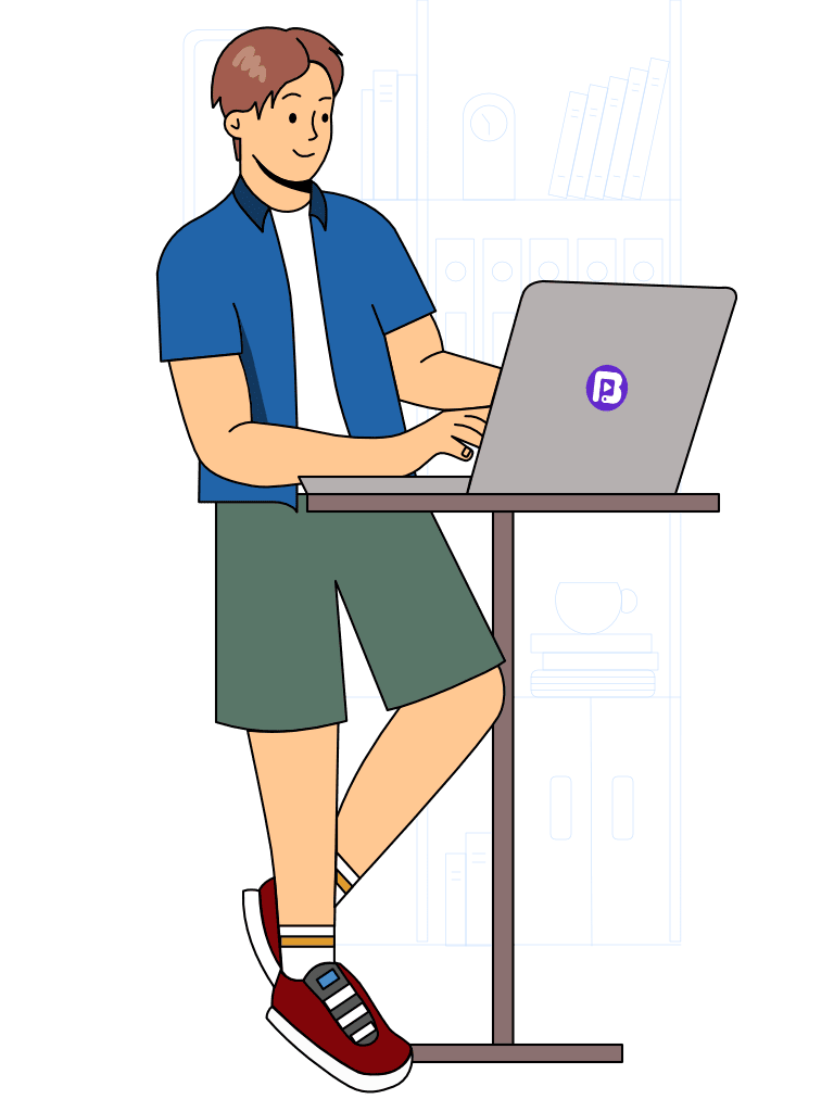 A cartoon of a man typing on his laptop