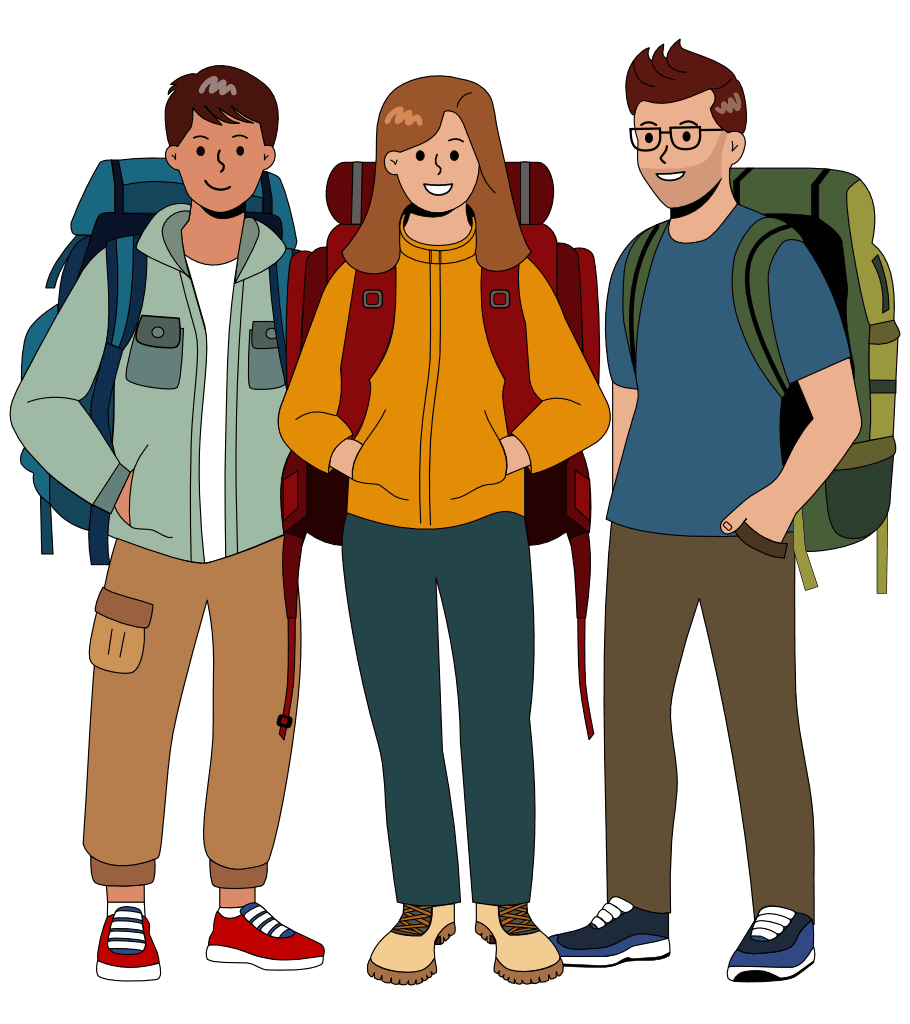 Three people with backpacks cartoon