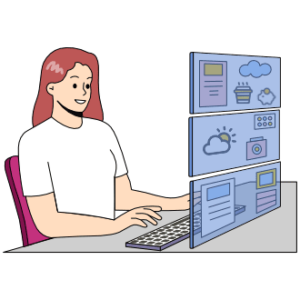 Cartoon of a woman in front of 3 screens