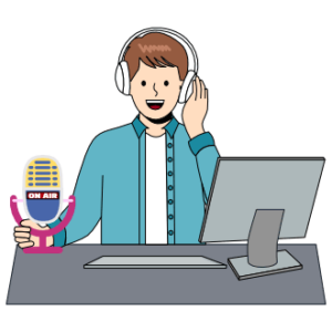 Cartoon of a man with a mic and headphones